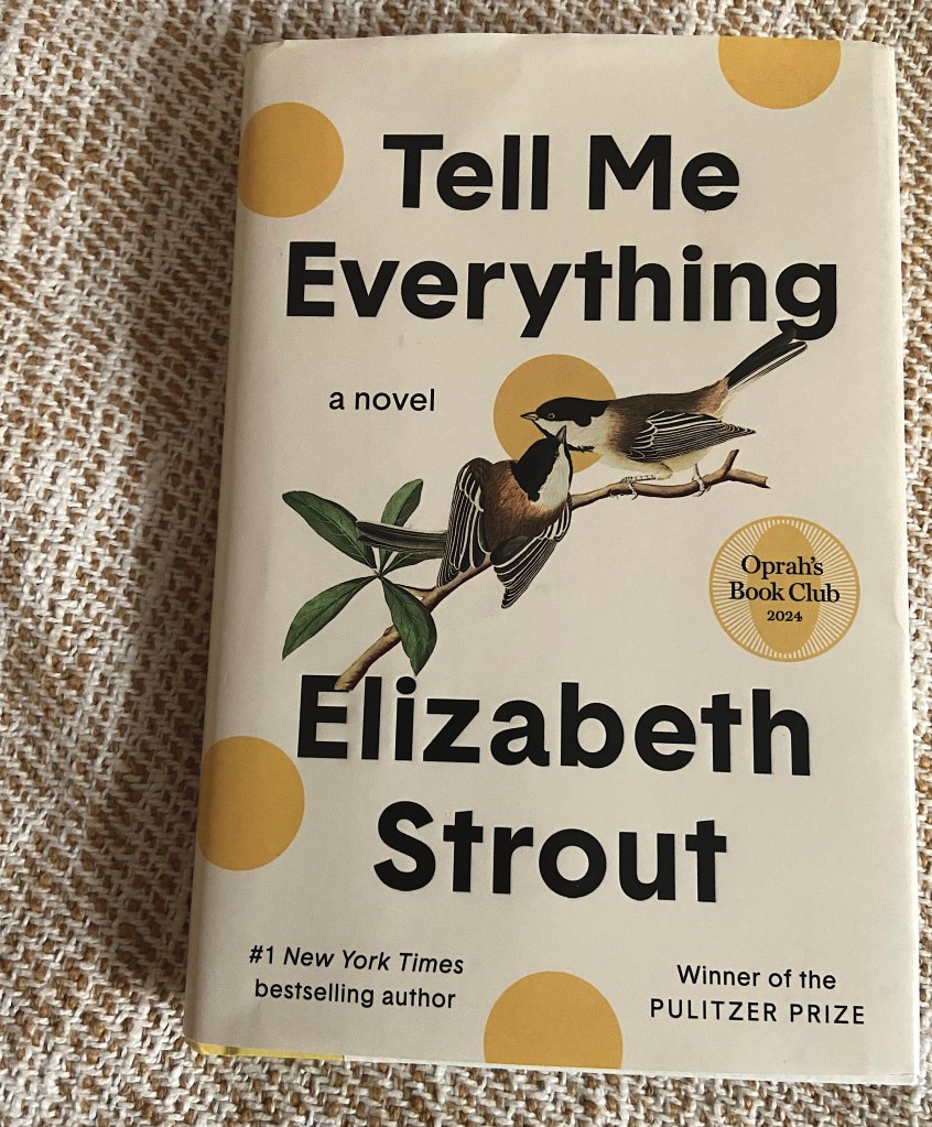 Book cover of 'Tell Me Everything' by Elizabeth Strout, featuring a design with birds and circles in a light background.
